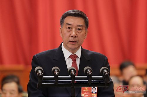 受国务院委托,国务委员王勇向十三届全国人大一次会议作关于国务院