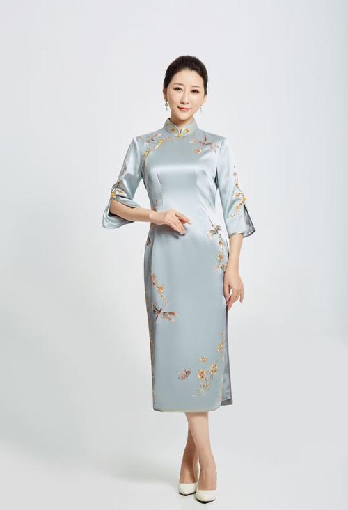 娇古苏绣重磅真丝纯手工刺绣四叶草蜻蜓小飞龙绣花旗袍