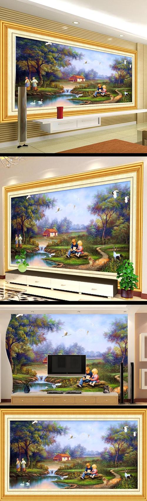 风景油画电视背景墙模板设计 psd 山水画背景墙 室内装饰设计 装饰画
