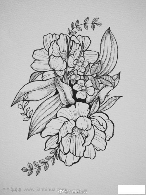 黑白线描花束简笔画