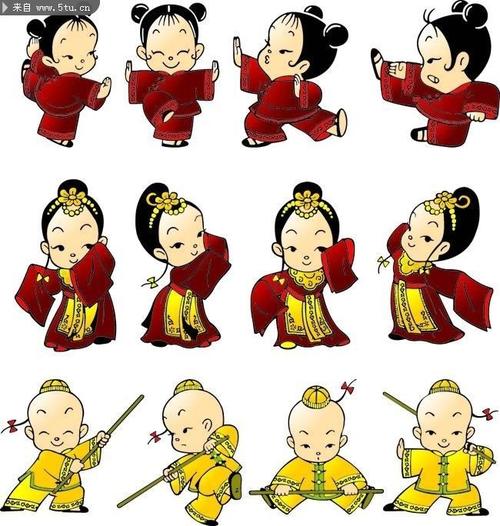 传统中国娃娃,主题为中国娃娃,可用作古装儿童,武术表演,人物卡通图