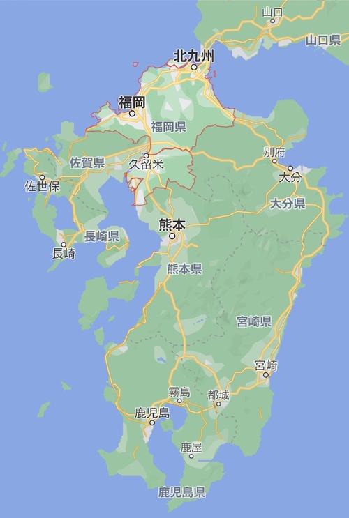 福冈县位于日本九州地方北部.  谷歌地图 图