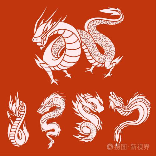 中国龙剪影纹身神话尾巴怪兽魔术图标亚洲动物艺术矢量插画