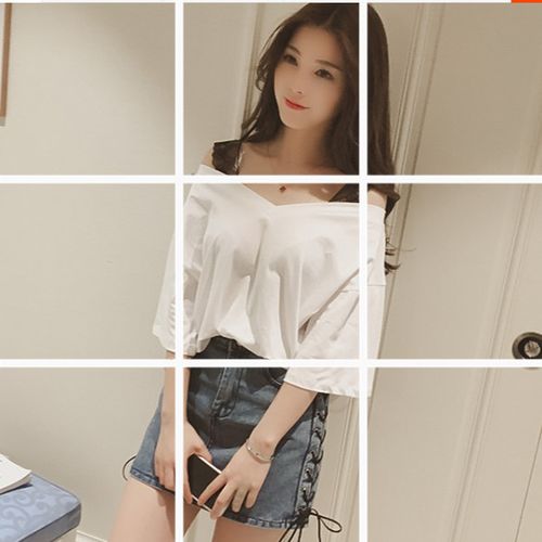2018春装新款韩范宽松一字肩v领蕾丝肩带露肩t恤女七分袖上衣小衫
