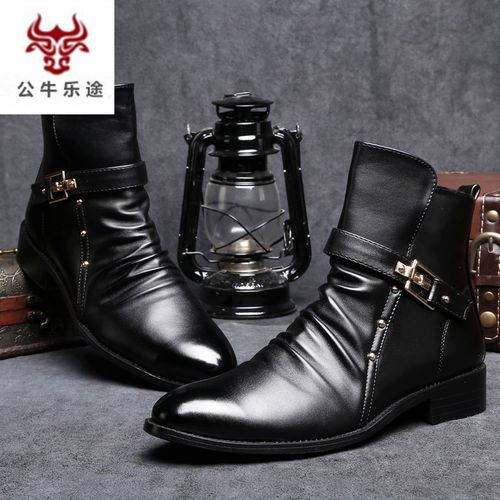 公牛乐途2020男靴子高帮韩版尖头短靴男铆钉靴潮流内增高鞋马丁靴男士