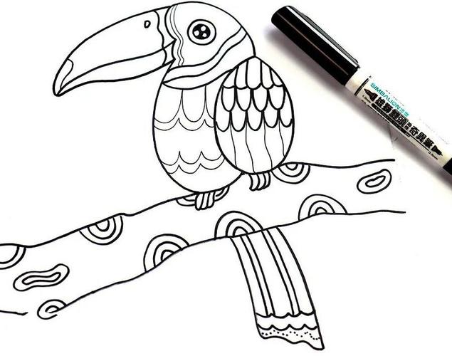 我爱画画线描《树上的大嘴鸟》儿童绘画教程