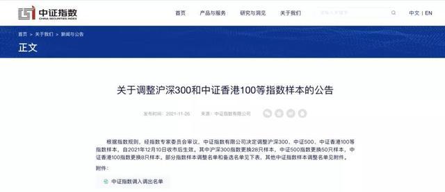 11月26日,中证指数有限公司发布《关于调整沪深300和中证香港100等