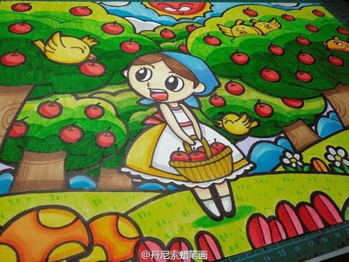 秋天儿童画  美的秋天儿童画  丰收秋天果园景色  快乐的秋游儿童画