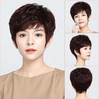 天美意假发女递针手织真发头套中老年女士短发妈妈假发套卷发纹理烫