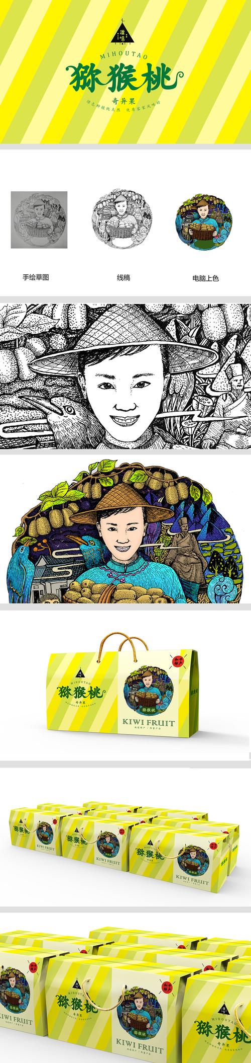 源味猕猴桃是河源市 和平地方特产  包装插图以客家妹子和猕猴桃种植