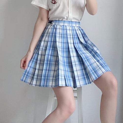 jk麦冬野渊制服蓝色格裙现货百褶裙半身裙