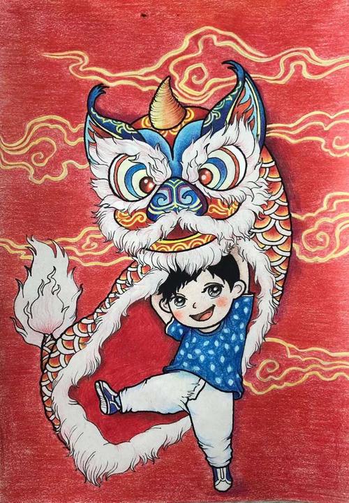 韩静雯:彩铅《舞狮》