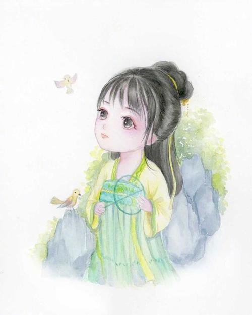 水彩手绘,迷你古风小女孩插画,画风清新温柔
