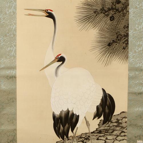 20世纪初绢本双鹤图挂轴一幅