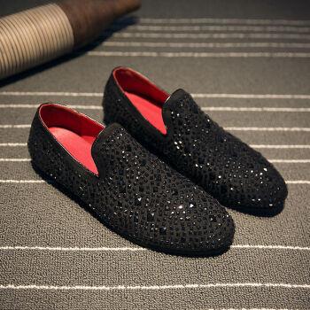 2020新款欧洲站乐福鞋英伦水钻豆豆鞋cl同款烫钻个性套脚皮鞋男鞋黑色