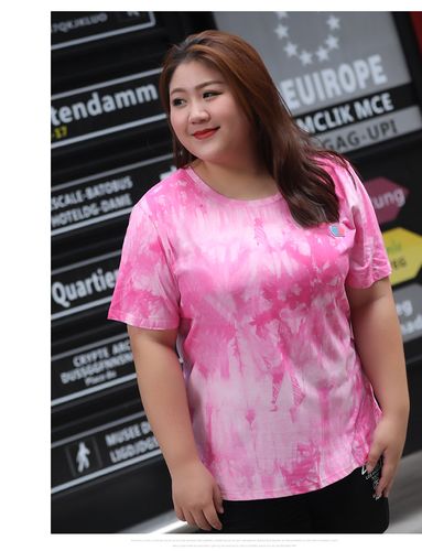 夏热天妈妈穿的大码t恤肥婆短袖2020夏季胖mm加肥加粉色迷彩宽松休闲