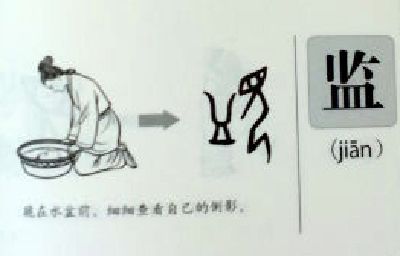甲骨文的"监"字,像是一个人跪在盛满水的盆子前,睁大眼睛,细细地查看