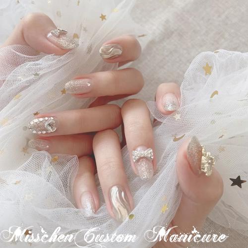 网红指甲美甲成品甲片穿戴银色水波纹指甲片指甲贴片拆卸新娘美甲