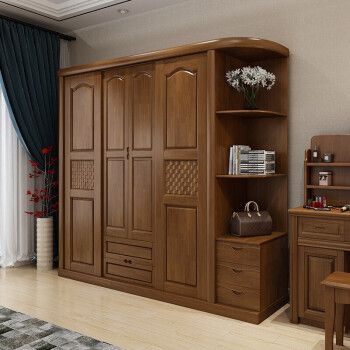 正秀庭畔板木结合衣柜移门四门推拉衣橱现代中式4门卧室大衣柜带转角