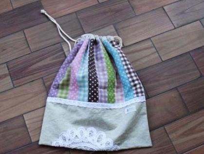 布艺手工制作教程:碎布头拼布diy的漂亮束口收纳袋