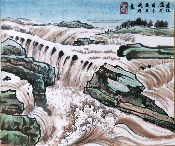 国画壶口瀑布_瀑布_月子_颜料_文化_绘画