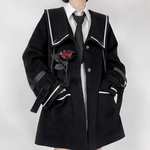 pinksavior审判日链条海军领超酷黑色夹棉毛呢外套