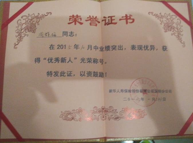 证书名称:优秀新人奖