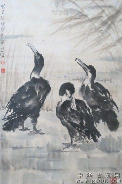 徐悲鸿画鱼鹰作品立轴