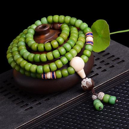 绿色风化菩提根佛珠手串精工108颗手链男女通用情侣款手串批.