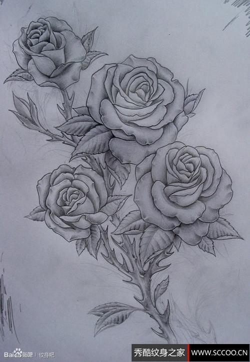 一款黑灰潮流的玫瑰花纹身手稿