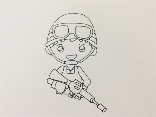 出人物的头盔,画出脸部轮廓与五官,往下画出身体动作,两手持枪在胸前