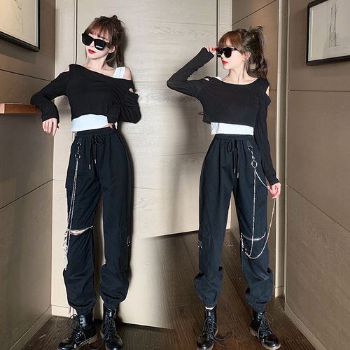 显瘦舞蹈练舞套装韩版爵士舞服装女街舞学生跳舞长袖t恤工装裤