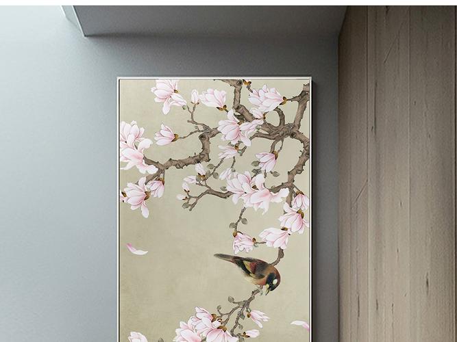 原创玉兰花工笔花鸟新中式玄关背景墙装饰画版权可商用