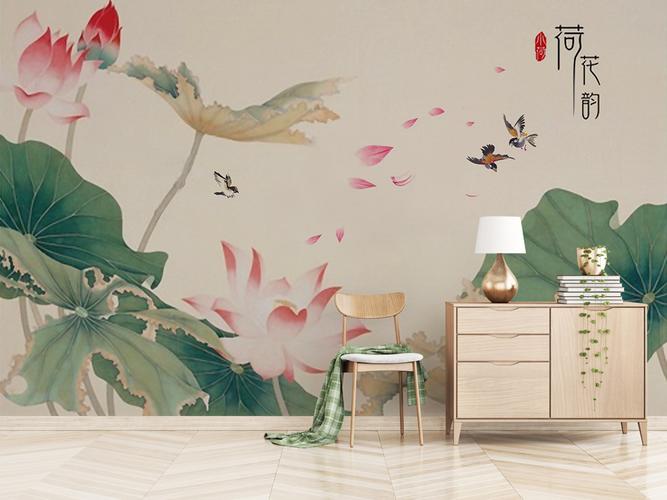 新中式素雅水墨工笔荷花手绘花鸟背景墙壁画