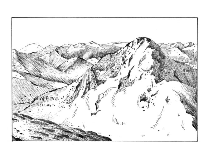 钢笔淡彩线稿速写 雪山旧门田野天空云朵_钢笔淡彩_线稿_速写_水彩画