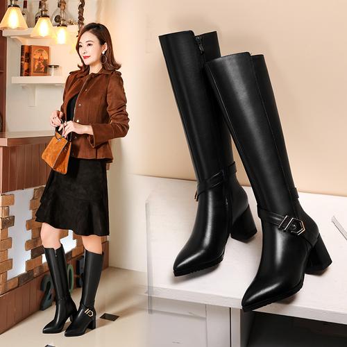 厚底真皮高跟长筒靴女粗跟过膝长靴2018冬新款瘦腿高筒靴子防水台