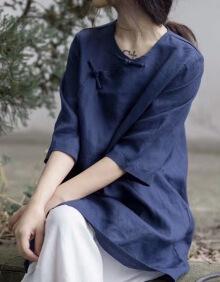 禅服女 禅修服女中国风佛系棉麻旗袍上衣茶服禅意亚麻中长款盘扣茶艺