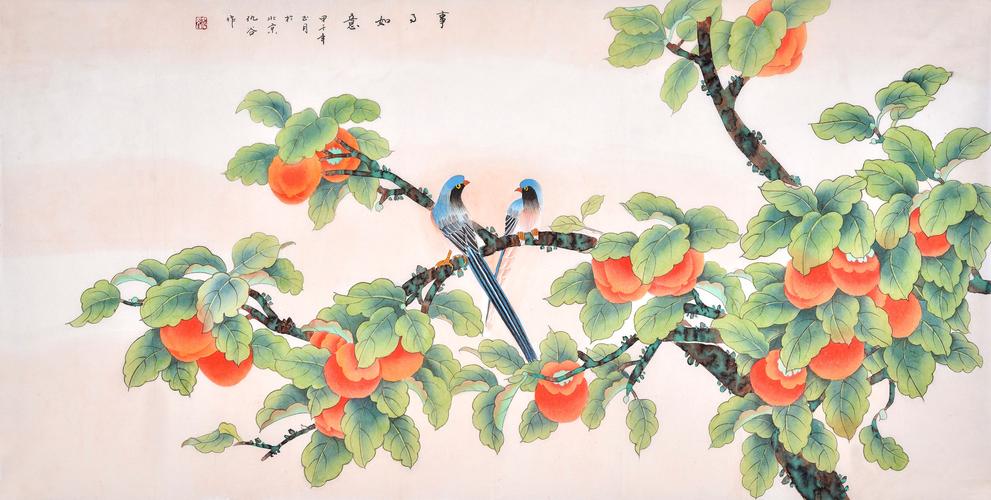 仇谷四尺横幅花鸟画双侣柿子《事事如意》
