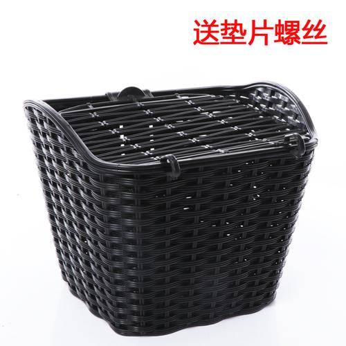 通用塑料带盖车篮子车筐篓自行车车筐自行车电动车塑料车蓝子 黑色大