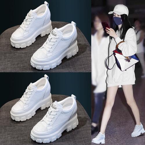 杨幂明星同款真皮小白鞋女2020春秋款爆款厚底内增高休闲粗跟单鞋
