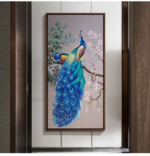 挂画新中式壁画孔雀定制 a1款 60*120cm 画师纯手绘油画 【精致装裱】