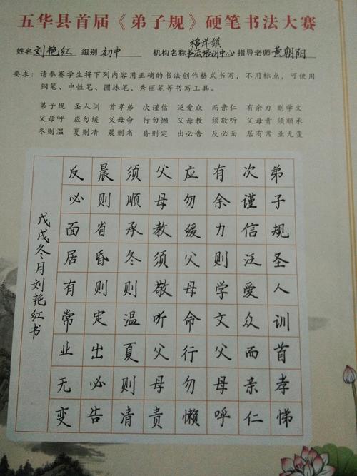五华县首届《弟子规》硬笔书法比赛棉洋书法培训部的部分学生作品