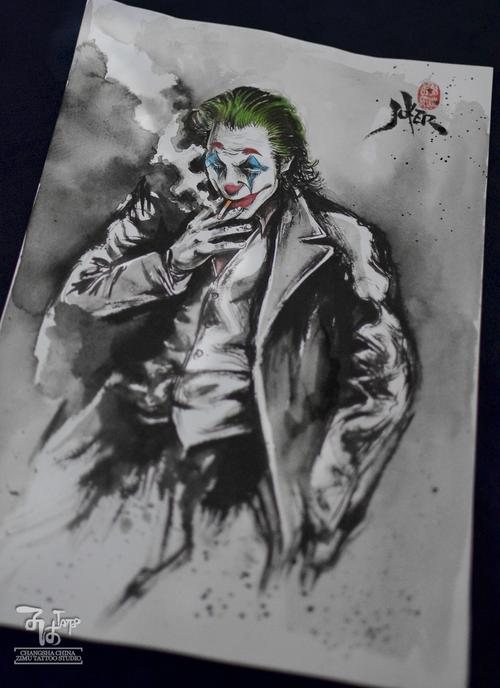 长沙子沐刺青纹身工作室毛笔水墨中国风手稿小丑joker