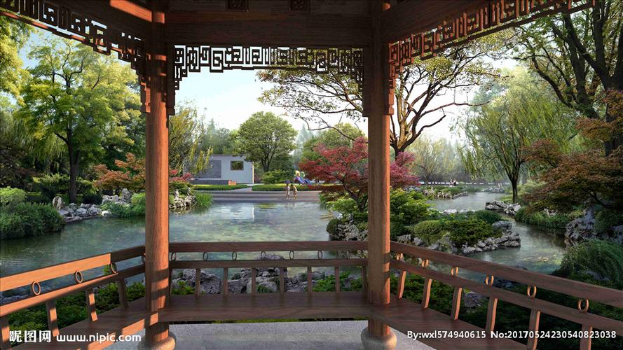 凉亭水景景观假山石头图图片