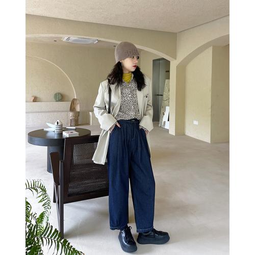 复古萝卜裤女秋季日系穿搭博主九分高腰后松紧牛仔裤宽松