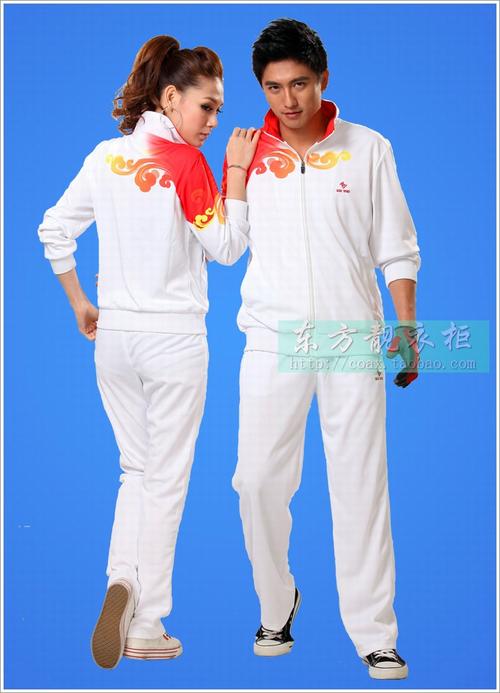 卡迪白色运动服套装春秋情侣款男女运动会服装红色祥云体操出场服