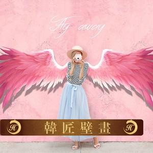 个性粉色羽毛天使翅膀壁纸网红直播拍照背景墙发廊服装奶茶店墙纸