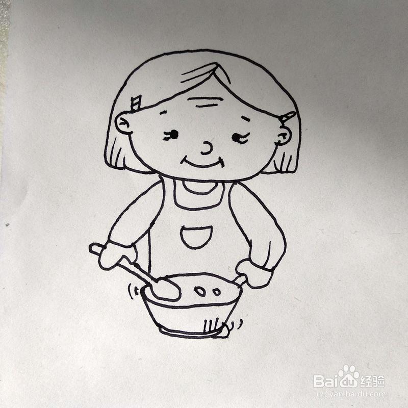 如何画一个正在做饭/煮饭的老奶奶卡通简笔画?