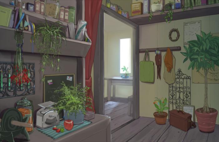 小巧精致的房间 摆着可爱的造型植物盆栽 水彩 水粉 手绘 插画