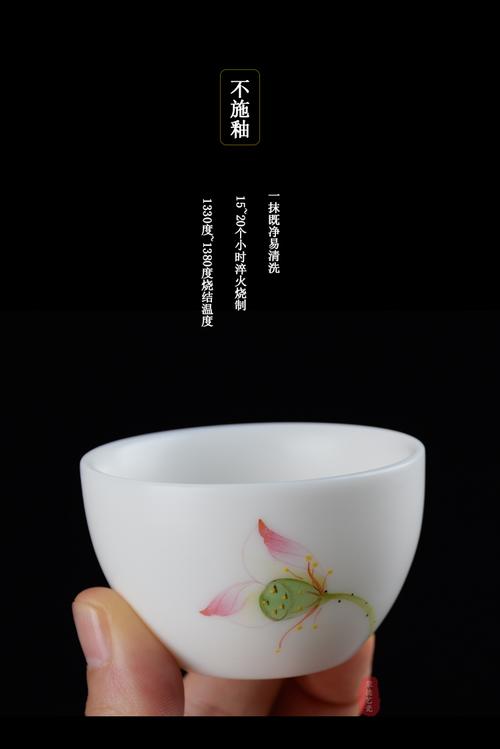 当前热销手绘茶杯釉上彩手绘荷花白瓷杯子猪油白玉瓷杯手绘茶具套装